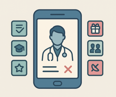 illustration of a doctor on a smartphone screen with allowed and prohibited social media icons, symbolising healthcare advertising regulation in Turkey.
