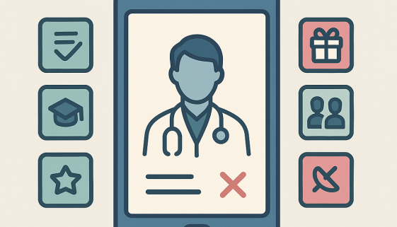 illustration of a doctor on a smartphone screen with allowed and prohibited social media icons, symbolising healthcare advertising regulation in Turkey.