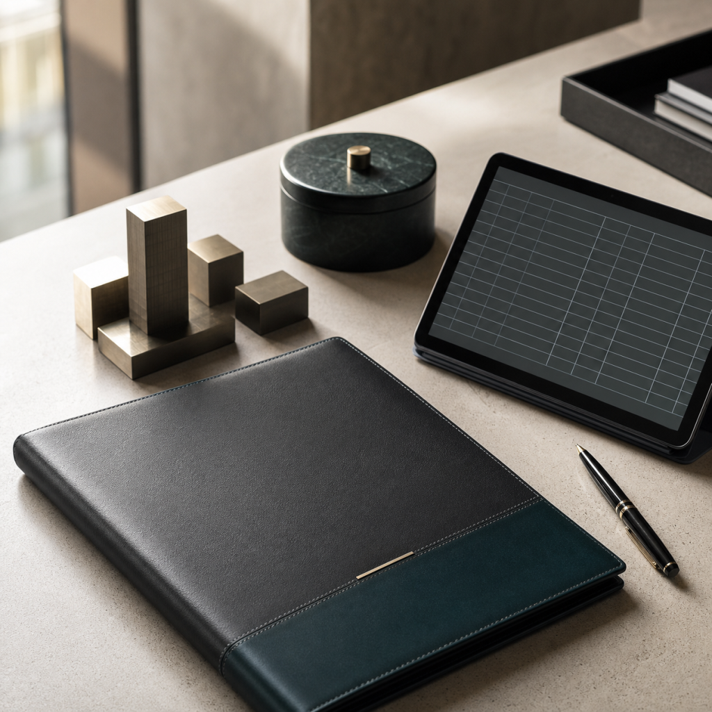 Corporate formation file and electronic commercial ledger on a desk