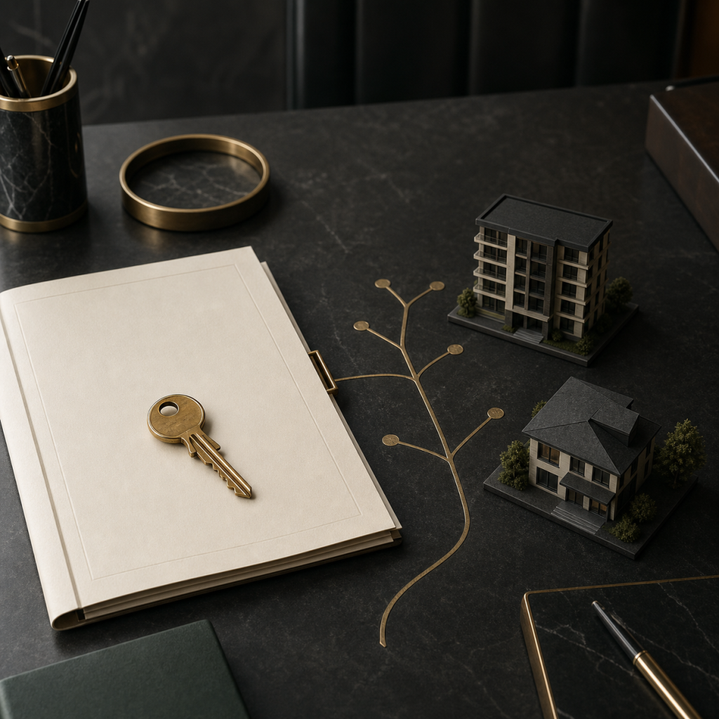 Brass key, legal documents and property models representing inheritance in Turkey