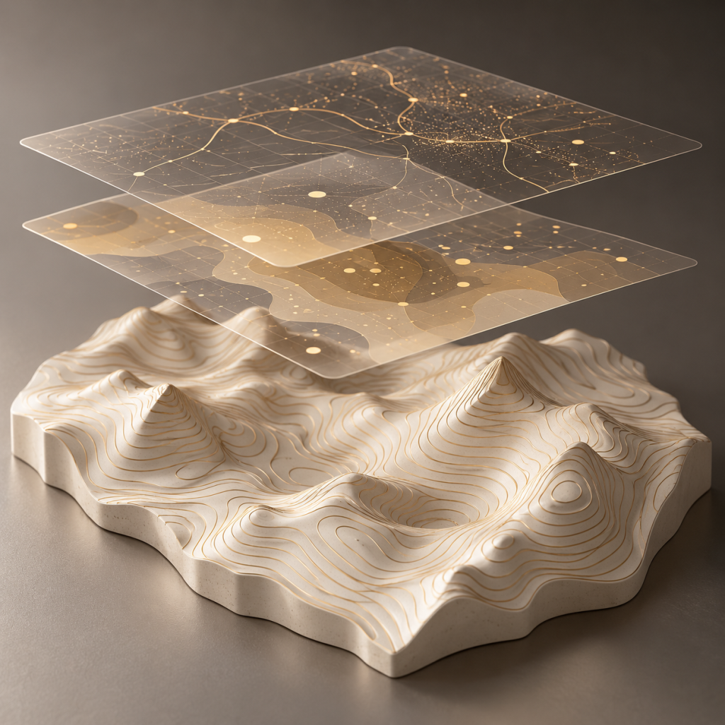 Ivory, champagne, taupe and charcoal 3D terrain with translucent GIS contour layers